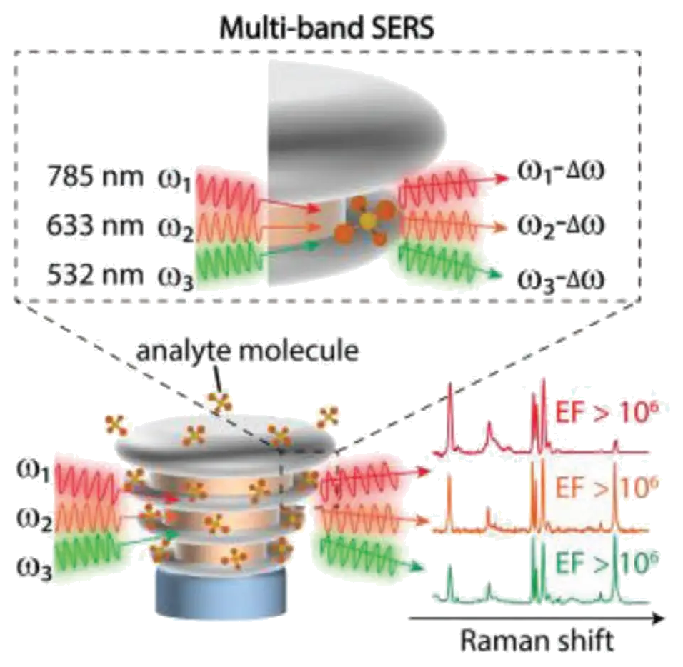 Representative image for Broadband Nanoscale Surface-Enhanced Raman Spectroscopy by Multiresonant Nanolaminate Plasmonic Nanocavities on Vertical Nanopillars